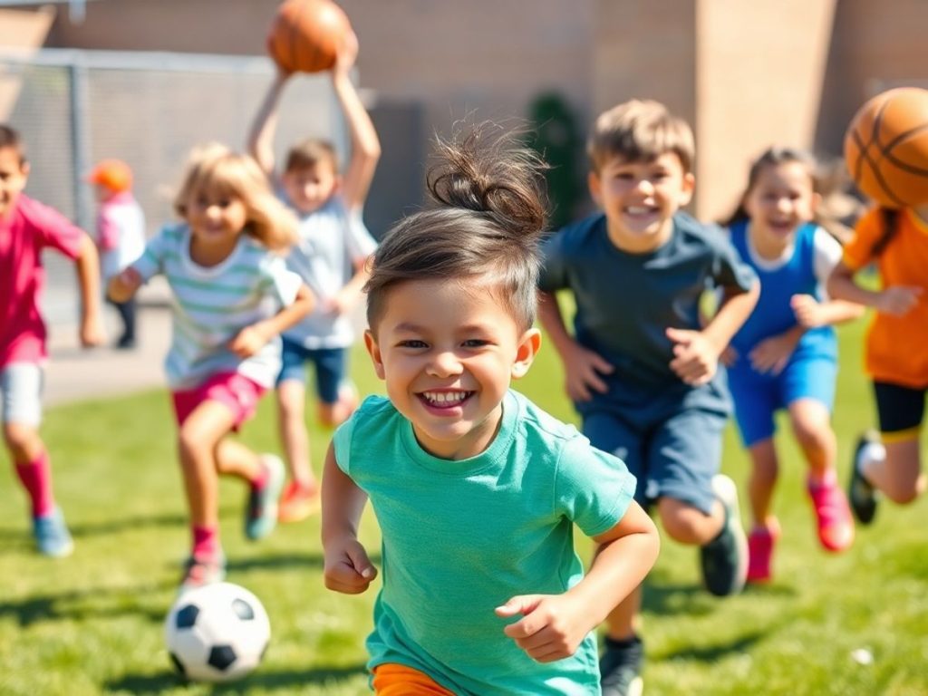 Copii jucând sporturi diverse în aer liber.