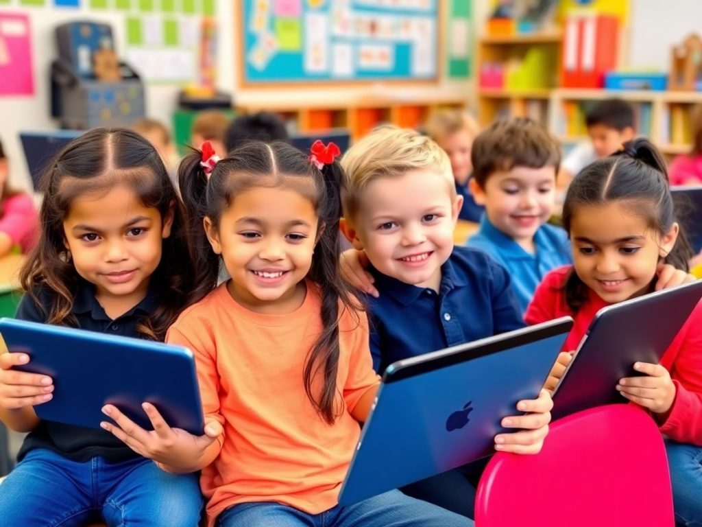 Copii folosind tehnologie în clasă pentru educație.