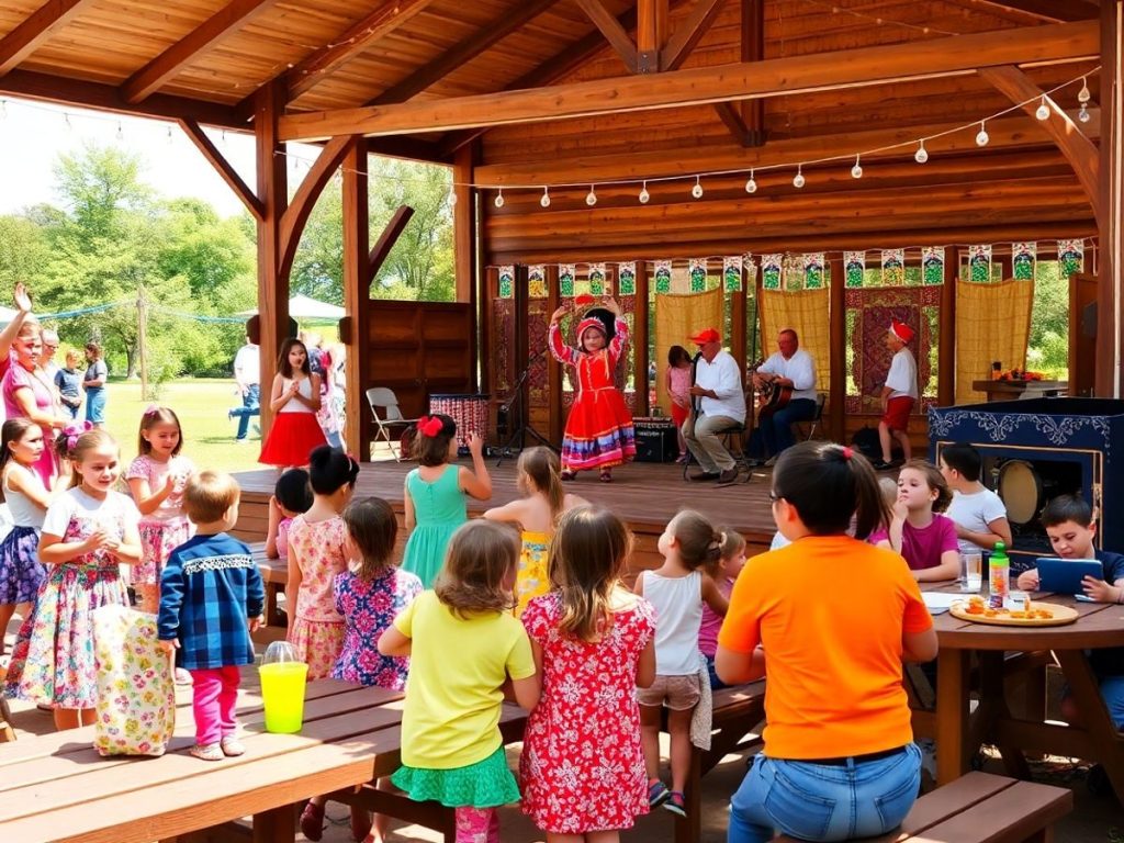Copii zâmbitori în costume populare dansează lângă scenă în parc.