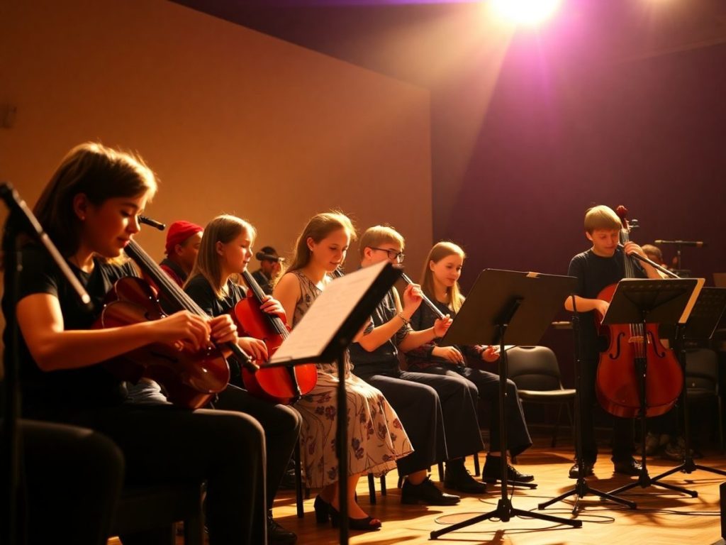 Copii cântând la instrumente muzicale într-un concert.